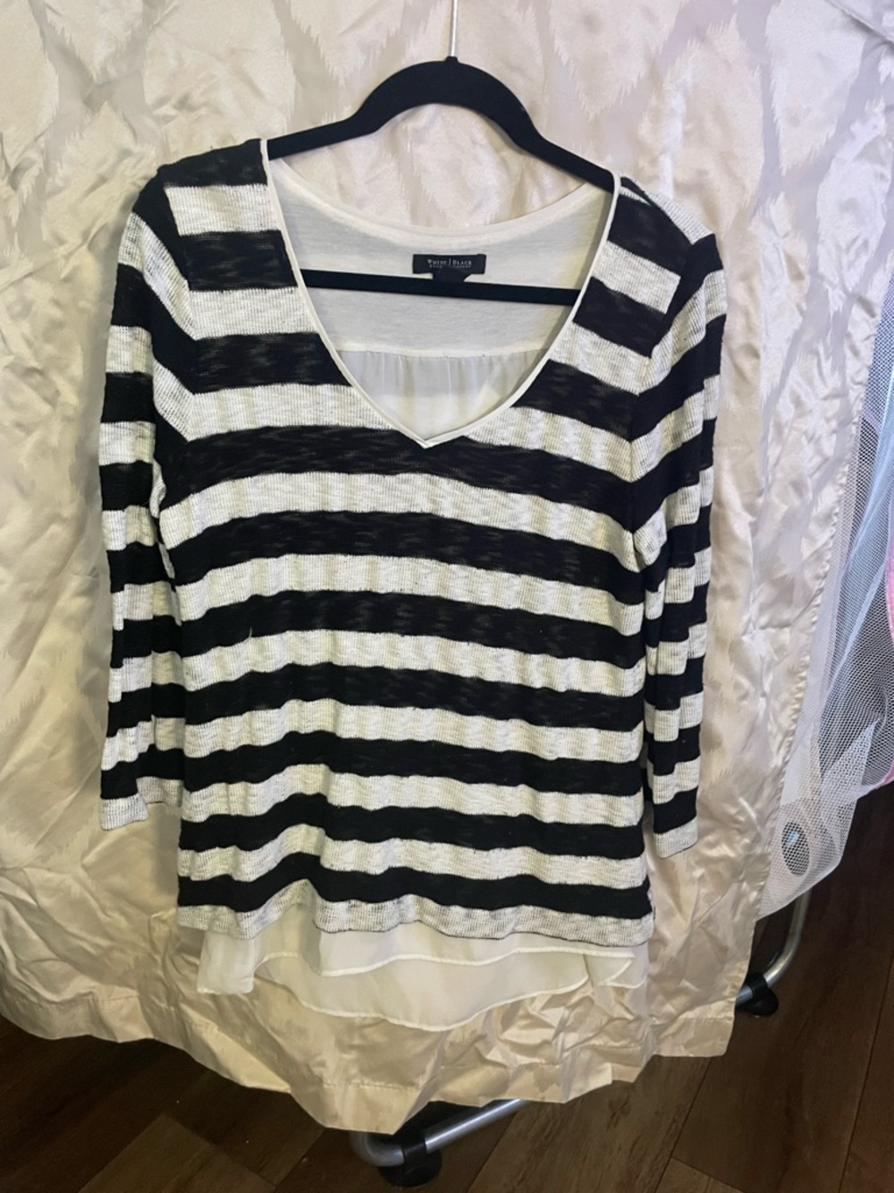 White House Black Market Black & White Striped V-Neck Tunic